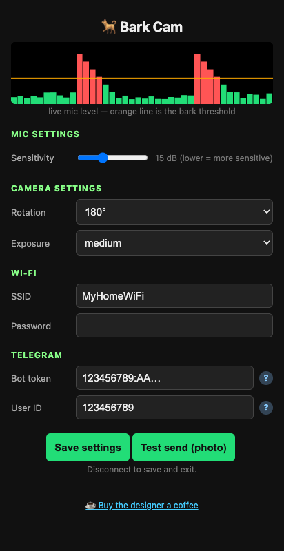 The Bark Cam config UI on a phone